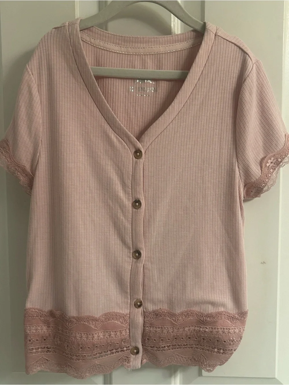 Girls Justice Pink Ribbed Lace-Trim Button-Front Short Sleeve Top